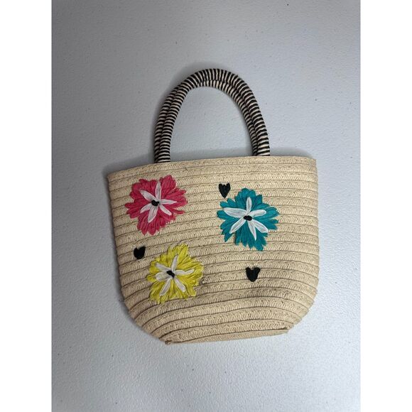 Mini Straw Tote Bag Boho Floral Embroidered Hook-and-Loop Kids Purse - Picture 1 of 5